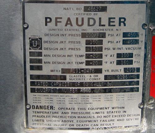 Used Pfaudler Glass Lined Reactor, 50 gallon, model E32-50-100-150. 32'' Diameter x 12'' straight side. 2:1 Elliptical bolt on head, 2:1 elliptical bottom. Internal rated 100 psi/FV at -20 to 450 deg...