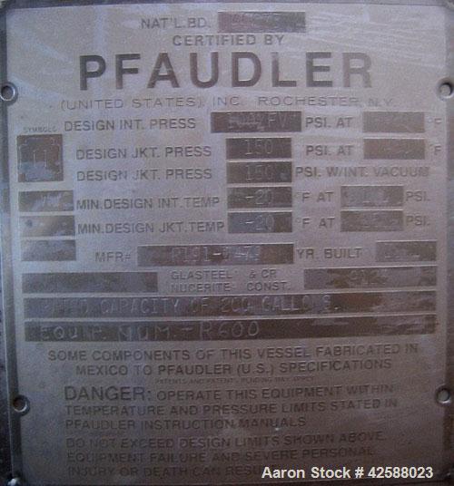 Used Pfaudler Glass Lined Reactor, 200 gallon, model E40-200-100-150. 40" Diameter x 30" straight side. 2:1 Elliptical bolt on head, 2:1 elliptical bottom. Internal rated 100 psi/FV at -20 to 450 deg...