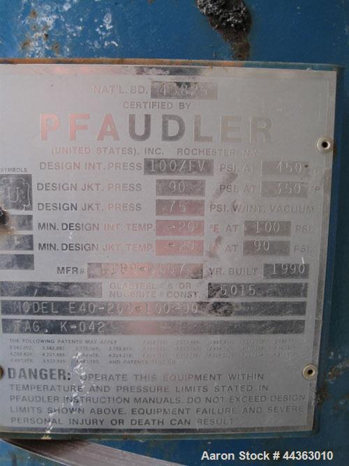 Used Pfaudler Glass Lined Reactor, 200 gallons, model E40-200-100-90, rated 100 psi and full vacuum at 450 F nternal, jacketed for 90 psi and full vacuum at 350 f, 4 DTW Pfaudler agitator drive with ...