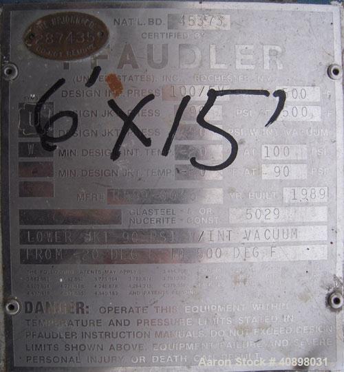 Used Pfaudler Glass Lined Reactor, 1000 gallon, model JCW 54-1000. 5029 white glass with calibration lines. Internal rated 100 psi/fv at 500 deg F, jacket rated 90 psi at 500 deg F. 4RW drive with me...