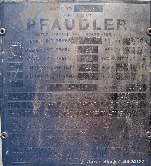 Used Pfaudler K Series Glass Lined Reactor, 2500 gallon, 9129 white glass, model KC-84-2500-100-90. 84" diameter x 94" straight side, dished top and bottom. Internal rated 100 psi/fv at -20 to 450 de...