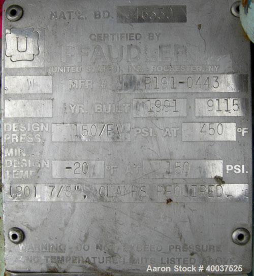 Used Pfaudler Glass Lined Clamp Top Reactor, 30 gallon, 9115 glass, vertical. Approximately 22" diameter x 22" straight side, clamp dished top, dished bottom. Internal rated 150/fv psi at 450 deg F, ...