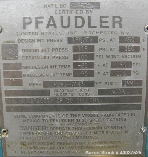 Used- Pfaudler Glass Lined Clamp Top Reactor, 30 gallon, 9115 glass, vertical. Approximately 22" diameter x 22" straight sid...