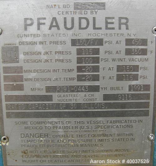 Used Pfaudler Glass Lined Clamp Top Reactor, 30 gallon, 9115 glass, vertical. Approximately 22" diameter x 22" straight side, clamp dished top, dished bottom. Internal rated 150/fv psi at 450 deg F, ...