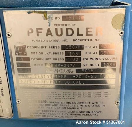 Used Pfaudler Glass Lined Reactor, 50 Gallons