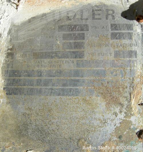 Used Pfaudler Glass Lined Reactor, 1000 gallon, white glass with calibration lines. Approximately 5' diameter x 6' straight side, dished top and bottom. Internal rated 100 psi and full vacuum at 450 ...