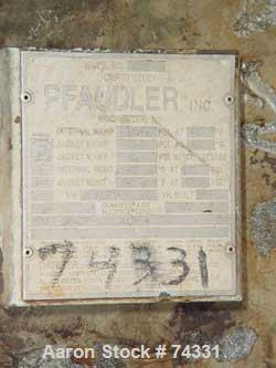 USED: Pfaudler 1000 gallon glass lined reactor. 60" x 72" straightside. Internal rating 100 psi/FV @ 450 deg F. Jacket rated 90 psi @450 deg F. Complete with a 5RW fixed gear drive system 18:1 overal...