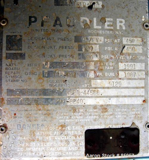 USED: Pfaudler 4000 gallon glass lined reactor, model RA-96. 96" diameter x 113" straight side. Internal rated 95 psi/full vacuum @ 450 deg F. Jacket rated 90 psi @ 450 deg F. Internal has pharmaceut...