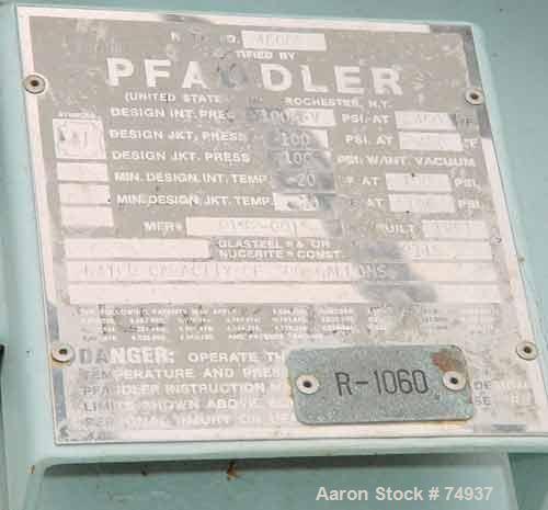 USED:Pfaudler closed tank glass lined reactor, model RA48-300,300 gallon, vertical. 9115 glass. 48" diameter x 36" straight side.Semi-elliptical top and bottom. Internal rated 100 psi/FV at 450 deg F...