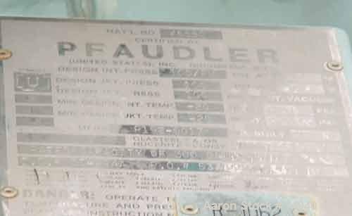USED:Pfaudler closed tank glass lined reactor, model RA48-300,300 gallon, vertical. 9115 glass. 48" diameter x 36" straight side.Semi-elliptical top and bottom. Internal rated 100 psi/FV at 450 deg F...