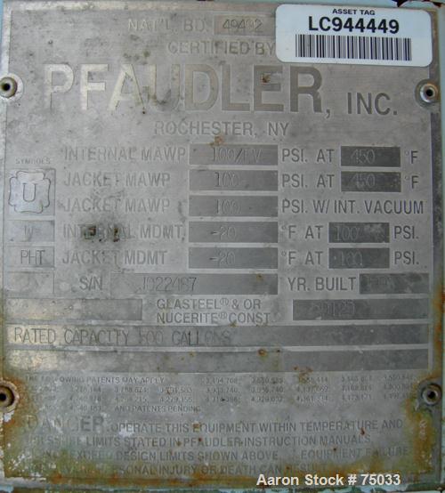 USED:Pfaudler closed tank glass lined reactor, model RA48-500, 500 gallon, vertical. 9129 white glass. 48" diameter x 65" straight side. Semi-elliptical top and bottom. Internal rated 100 psi/FV at 4...