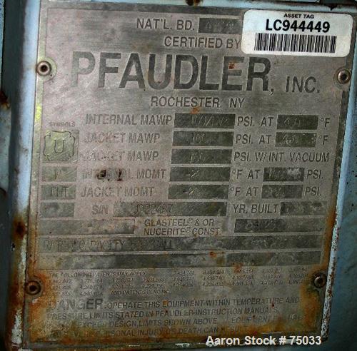 USED:Pfaudler closed tank glass lined reactor, model RA48-500, 500 gallon, vertical. 9129 white glass. 48" diameter x 65" straight side. Semi-elliptical top and bottom. Internal rated 100 psi/FV at 4...