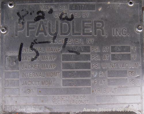 Used Pfaudler Glass Lined Reactor, Model RA78-1500-100-90, 1500 Gallon. 9129 glass. 78" diameter x 87" straight side. Internal rated 100 psi/fv at 450 deg F, jacket rated 90 psi at 450 deg F. 5SRW dr...