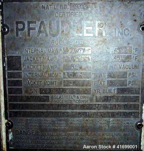 Used Pfaudler Glass Lined Reactor, 2000 Gallon, Model RA78-2000-100-90, 9119 Blue Glass, Vertical. Internal rated 100 psi/FV at 450 deg.f., and -76 deg.f. at 40 psi, jacket rated 90 psi at 450 deg.f....