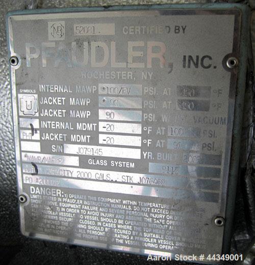 Pfaudler Glass Lined Reactor, 2000 gallon, Model RA78-2000.  Type 9115 glass. Approximately 78" diameter x 90" straight side, dished top and bottom. Internal rated 100/FV at 450 deg F. and -20 deg F....