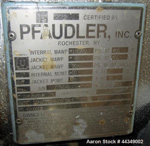 Pfaudler Glass Lined Reactor, 2000 gallon, Model RA78-2000.  Type 9115 glass. Approximately 78" diameter x 90" straight side, dished top and bottom. Internal rated 100/FV at 450 deg F. and -20 deg F....