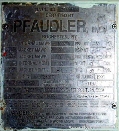 Used Pfaudler Glass Lined Reactor, 3000 Gallon, Model RA96-3000-100-90, 9119 Blue Glass, Vertical. Internal rated 100 psi/FV at 450 deg.f., and -50 deg.f. at 40 psi, jacket rated 90 psi at 450 deg.f....