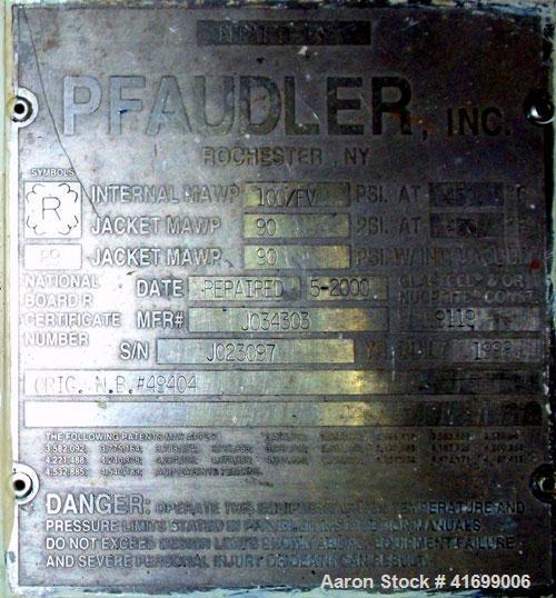Used Pfaudler Glass Lined Reactor, 3000 Gallon, Model RA96-3000-100-90, 9119 Blue Glass, Vertical. Internal rated 100 psi/FV at 450 deg.f., and -50 deg.f. at 40 psi, jacket rated 90 psi at 450 deg.f....