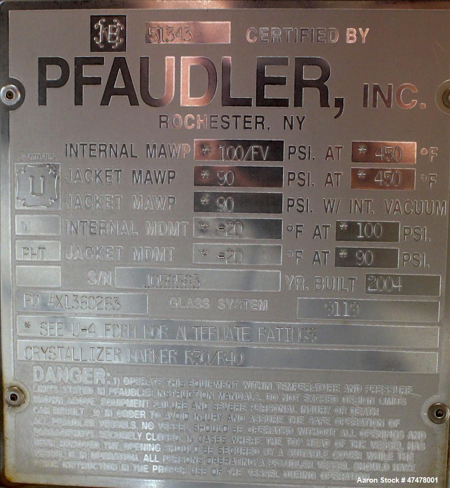 Used Pfaudler RC Series Glass Lined Reactor Body Only