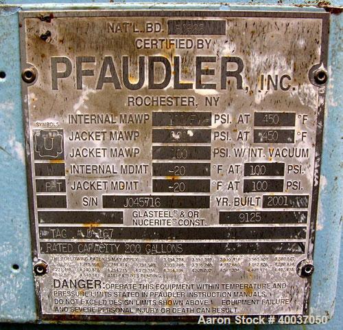 Used: Pfaudler glass lined clamp top reactor, 200 gallon, model RT40-200-10-100, 9125 white glass. Approximately 40" diameter x 45" straight side. Clamp dish top, dish bottom. Intenal  rated  100/fv ...