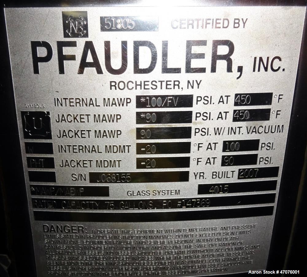 Used Pfaudler RX Series Pharmaceutical Glass Lined Reactor, 75 Gallon, Vertical