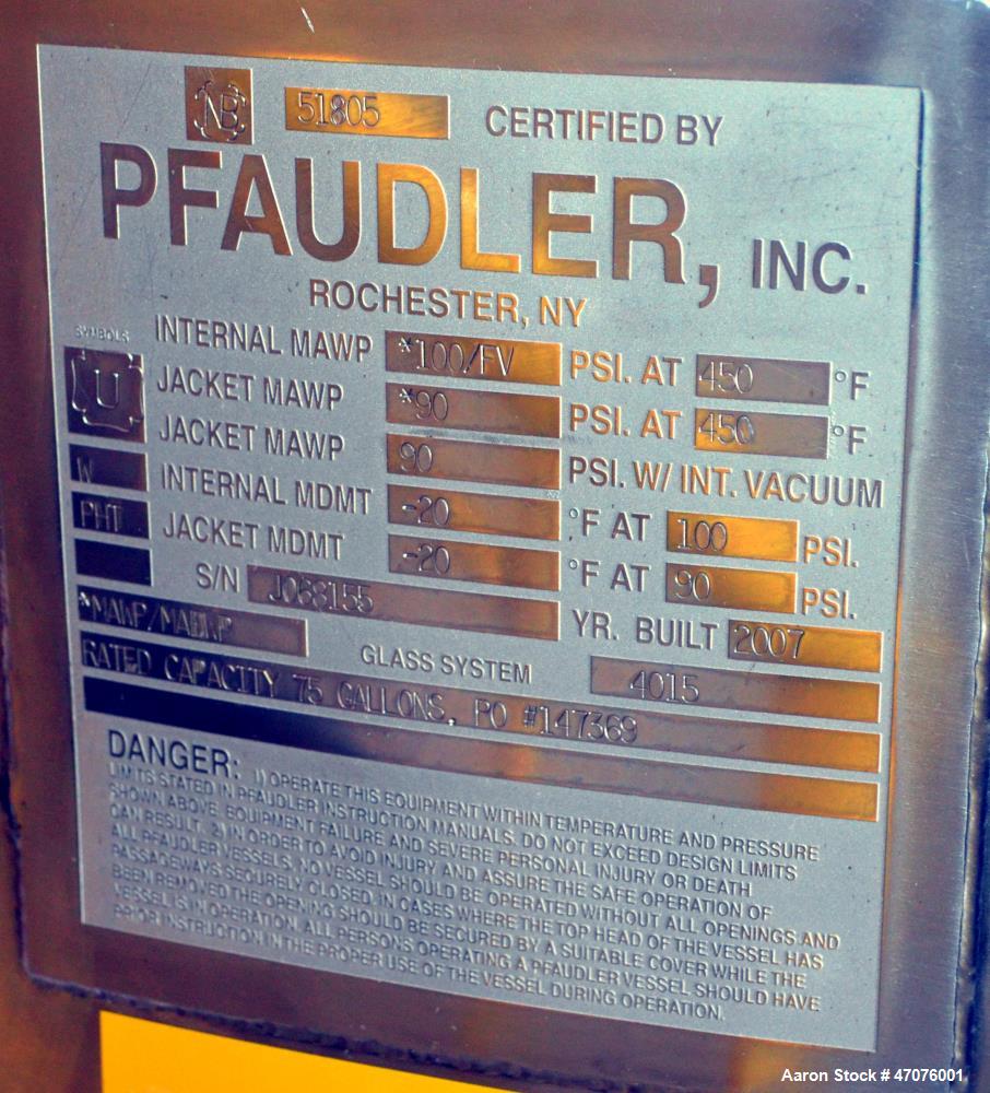 Used Pfaudler RX Series Pharmaceutical Glass Lined Reactor, 75 Gallon, Vertical