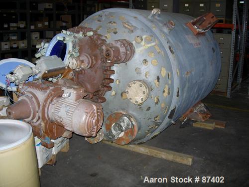 USED: Pfaudler glass lined reactor, 750 gallons, 5015 glass, vertical, 60" diameter x 55" straight side. Dished top and bottom. Internal rated 100 psi/FV at 450 deg F, carbon steel jacket rated at 90...
