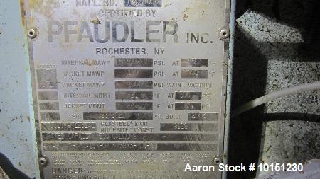 Used Pfaudler K-series Glass Lined Reactor, Approximately 500 Gallons. White glass, rated 300 PSI / full vacuum at 450 degrees F. Jacket rated 100 PSI at 450 degrees F. 7.5 hp SRW drive with dry mech...