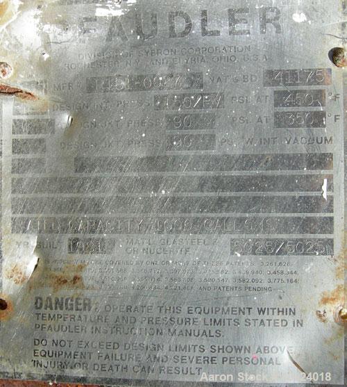 Used Pfaudler Glass Lined Reactor, 1000 gallon, 5025 white glass with calibration lines. Approximately 5' diameter x 6' straight side, dished top and bottom. Internal rated 150 psi and full vacuum at...