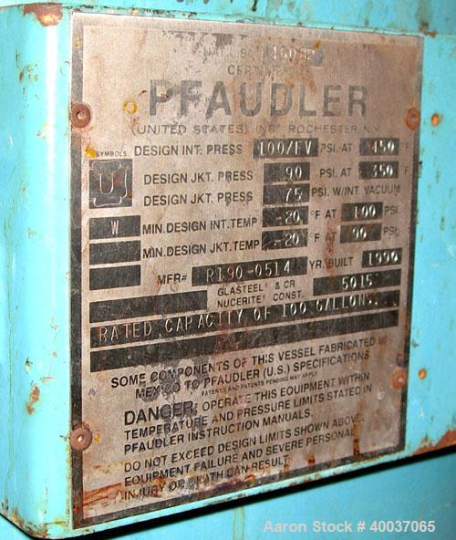 Used: Pfaudler glass lined clamp top reactor, 100 gallon, 5015 glass, vertical. Approximately 36" diameter x 36" straight side, clamp dished top, dished bottom. Internal rated 100/fv psi at 450 deg.f...