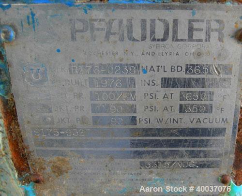 Used Pfaudler Glass Lined Reactor, 3000 gallon, 3315 blue glass, vertical. Approximately 96'' diameter x 84'' straight side, dished top and bottom. Internal rated 100/fv psi at 650 deg F, jacket rate...
