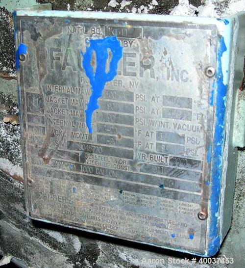Used Pfaudler Glass Lined Reactor, 1000 Gallon, 9115 Blue Glass. Approximately 60" diameter x 6' straight side, dish top and bottom. Internal rated 100/fv psi at 450 deg F, jacket rated 90 psi at 450...