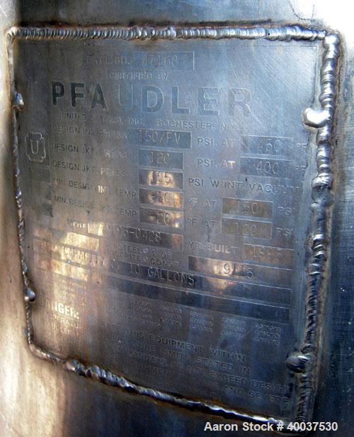 Used: Pfaudler glass lined clamp top reactor, 10 gallon, 9115 glass, vertical. Approximately 16" diameter x 16" straight side, clamp dished top, dished bottom. Internal rated 150/fv psi at 450 deg.f....
