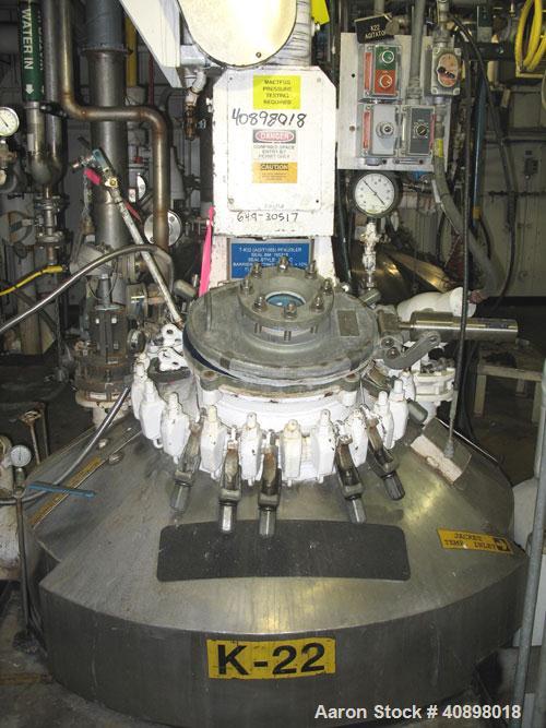 Used Pfaudler Glass Lined Reactor, 500 gallon. 9115 glass. Internal rated 100 psi/fv at 450 deg.f., jacket rated 100 psi at 450 deg.f.. 4RW drive with mechanical seal and a 3 blade retreat curve agit...