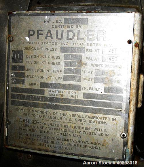 Used Pfaudler Glass Lined Reactor, 500 gallon. 9115 glass. Internal rated 100 psi/fv at 450 deg.f., jacket rated 100 psi at 450 deg.f.. 4RW drive with mechanical seal and a 3 blade retreat curve agit...