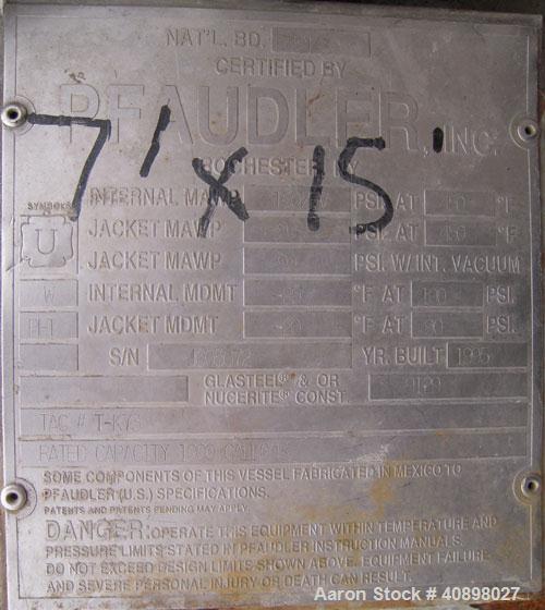 Used Pfaudler Glass Lined Reactor, 1000 gallon, 9129 white glass with calibration lines, vertical. Internal rated 100 psi/fv at 450 deg F, jacket rated 90 psi at 450 deg F. 5SRW drive with a 3 blade ...