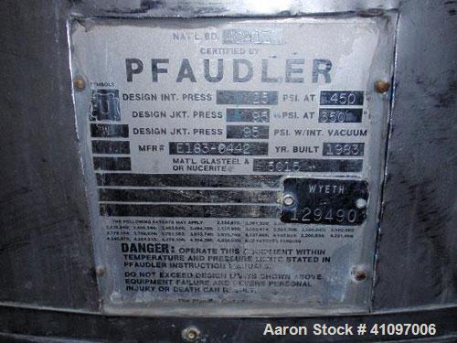 Used Pfaudler Glass Lined Reactor, 300 Gallon, 5015 Blue Glass, Vertical. Internal rated 25 psi and full vacuum at 450 deg F, carbon steel jacket rated 95 psi and full vacuum at 350 deg F. 4DTW Pfaud...