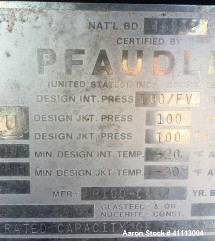 Used Pfaudler Glass Lined Reactor, 50 Gallon