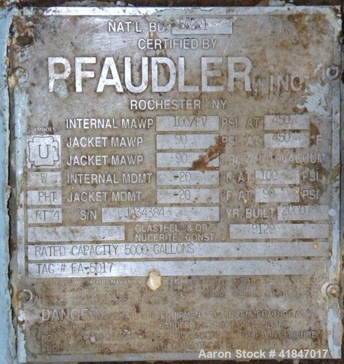 Used Pfaudler Glass Lined Reactor, 5000 gallon, 9129 white glass with calibration lines, vertical. Approximately 102" inside diameter x 121" straight side. Dished top and bottom. Internal rated 100/F...