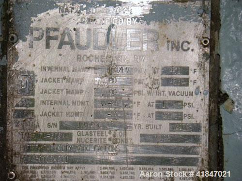 Used Pfaudler Glass Lined Reactor, 3000 gallon, 9129 white glass with calibration lines, vertical. Approximately 96" diameter x 96" straight side. Dished top and bottom. Internal rated 100/FV psi at ...
