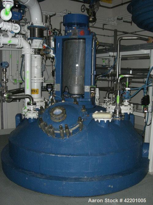 Used Pfaudler Glass Lined Reactor, 2114 gallon (8,000 liter), 9145 glass, vertical. Welded dished top and bottom. Internal rated 6.6 bar/full vacuum (95 psi/FV) at -29 to 200 deg C (-20 to 392 F). Mi...