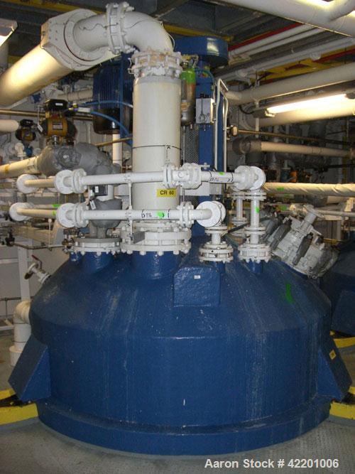 Used Pfaudler Glass Lined Reactor, approximately 2114 gallon (8,000 liter working capacity), vertical. Welded dished top and bottom. Internal rated 6.6 bar/full vacuum (95 psi/FV) at -29 to 200 deg C...