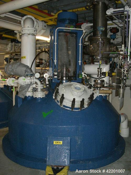 Used Pfaudler Glass Lined Reactor, approximately 2114 gallon (8,000 liter working capacity), vertical. Welded dished top and bottom. Internal rated 6.6 bar/full vacuum (95 psi/FV) at -29 to 200 deg C...