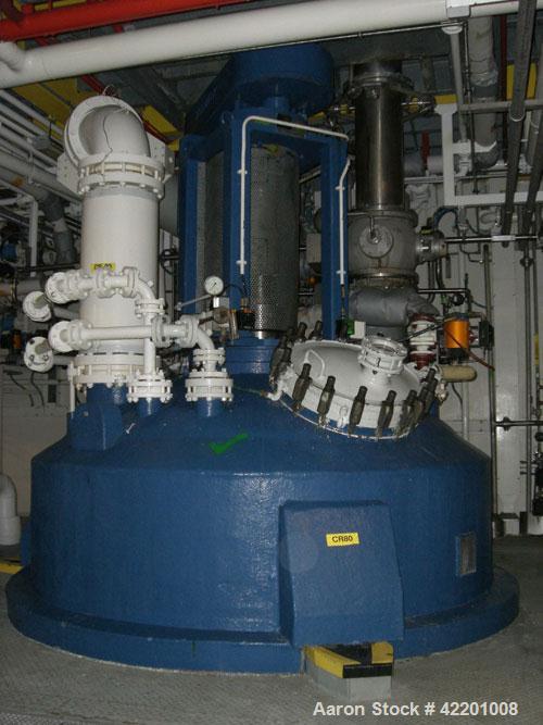 Used Pfaudler Glass Lined Reactor, 9145 glass, vertical. Approximately 3303 gallon(12,500 liter) working capacity, 14,360 liter total. Dished welded top and bottom. Internal rated 6.6 bar/full vacuum...