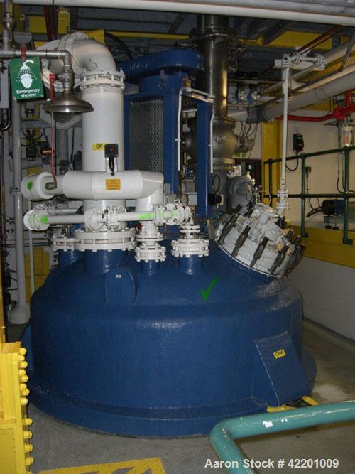 Used Pfaudler Glass Lined Reactor, approximately 2114 gallon (8,000 litre working capacity), vertical. Welded dished top and bottom. Internal rated 6.6 bar/full vacuum (95 psi/FV) at -29 to 200 deg C...