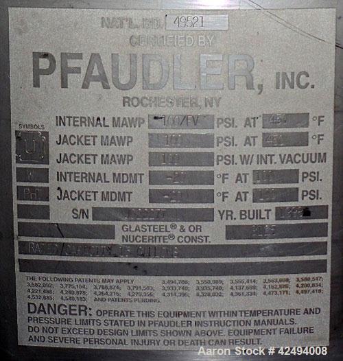 Used Pfaudler Glass Lined Reactor, 15 Gallon. Flat top, coned bottom. Internal rated 100 PSI & FV at 450 Degrees F, stainless steel jacket rated 100 PSI at 450 Degrees F. Pfaudler DTW agitator drive ...