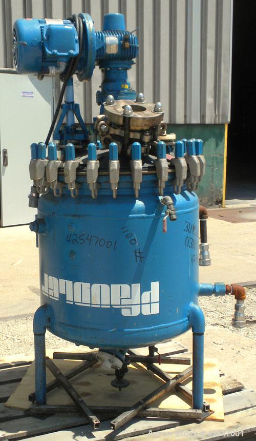 Used Pfaudler Glass Lined Reactor, 50 gallon, 5015 blue glass, vertical. Approximate 26" diameter x 18" straight side, clamp dish top, dish bottom. Internal rated 25 psi/full vacuum at –20 to 450 deg...