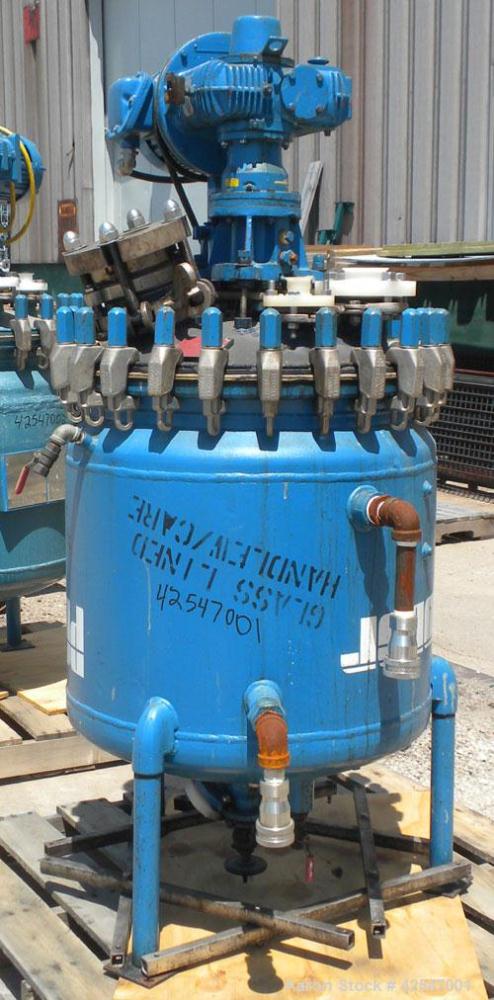 Used Pfaudler Glass Lined Reactor, 50 gallon, 5015 blue glass, vertical. Approximate 26" diameter x 18" straight side, clamp dish top, dish bottom. Internal rated 25 psi/full vacuum at –20 to 450 deg...