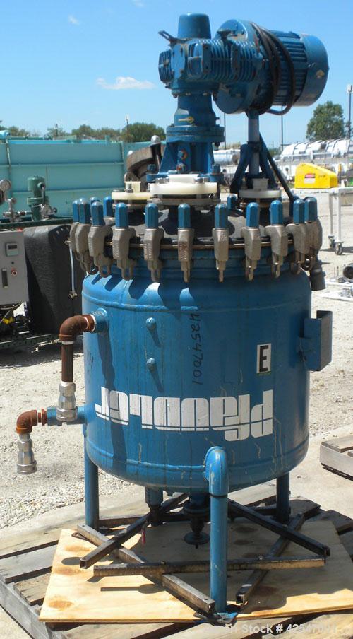Used Pfaudler Glass Lined Reactor, 50 gallon, 5015 blue glass, vertical. Approximate 26" diameter x 18" straight side, clamp dish top, dish bottom. Internal rated 25 psi/full vacuum at –20 to 450 deg...