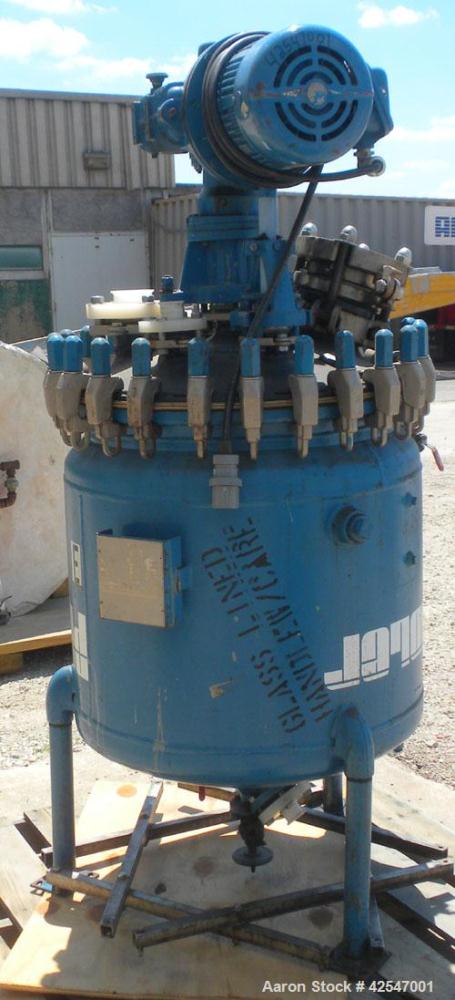 Used Pfaudler Glass Lined Reactor, 50 gallon, 5015 blue glass, vertical. Approximate 26" diameter x 18" straight side, clamp dish top, dish bottom. Internal rated 25 psi/full vacuum at –20 to 450 deg...